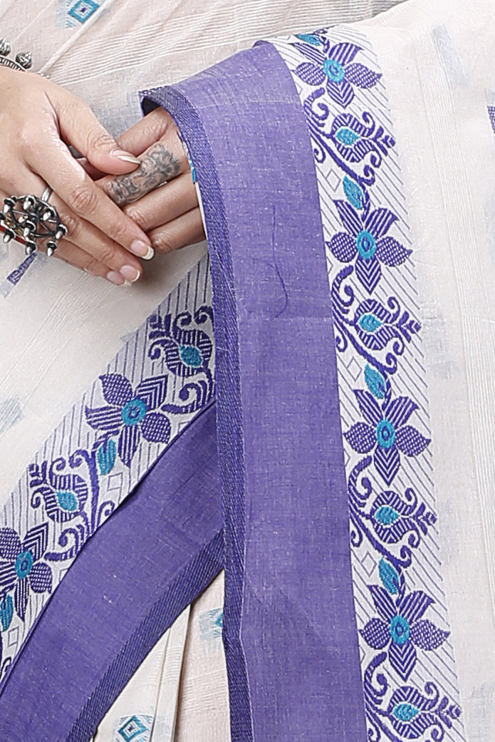 White Pure Cotton Ramala Tant Saree (961)